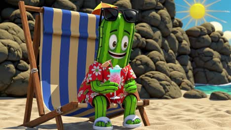 cartoon cactus wearing sunglasses, beach shirt and slippers, sitting on beach chair, holding a colorful cocktail, enjoying summer vacations on a tropical beach