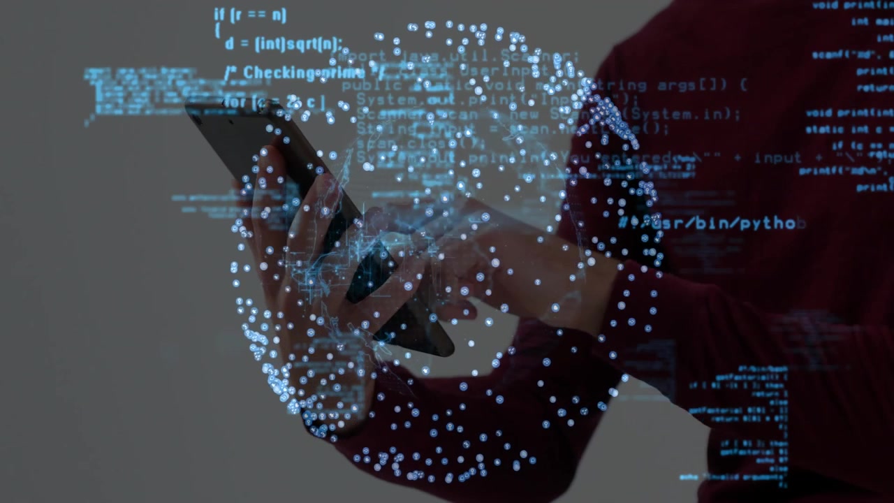 Person Using Smartphone with Digital Data and Global Network Overlay