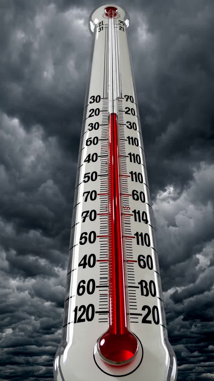 A dramatic upward angle shot of a thermometer against stormy clouds, symbolizing climate change