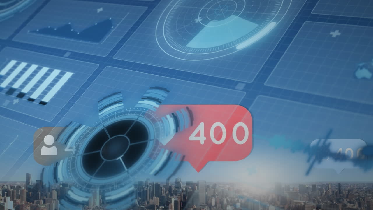 점점 더 많은 아이콘의 애니메이션과 도시 풍경에 대한 데이터 처리