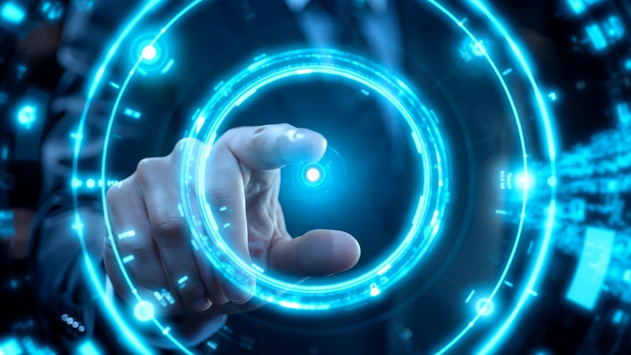 Extending right hand in suit sleeve pointing at hologram rings in dark lab, activating central node