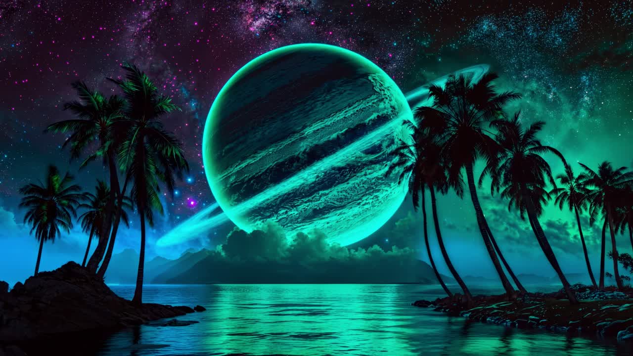 Uma paisagem cósmica vibrante com um planeta colorido e palmeiras tropicais balançando suavemente.