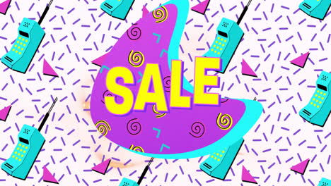texto de venta en banner púrpura contra múltiples iconos de teléfono en un patrón sin costuras sobre fondo blanco