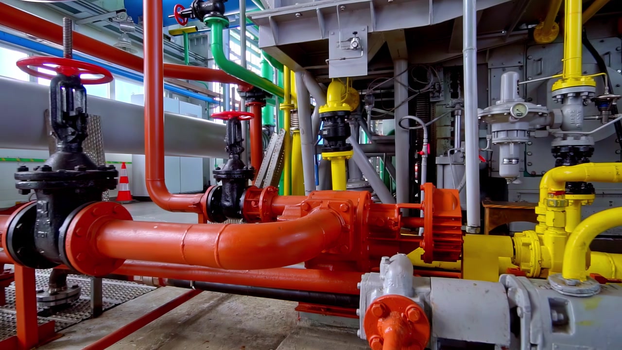 Complesso sistema di tubi, pompe e valvole presso una stazione di compressori industriali in una fabbrica.