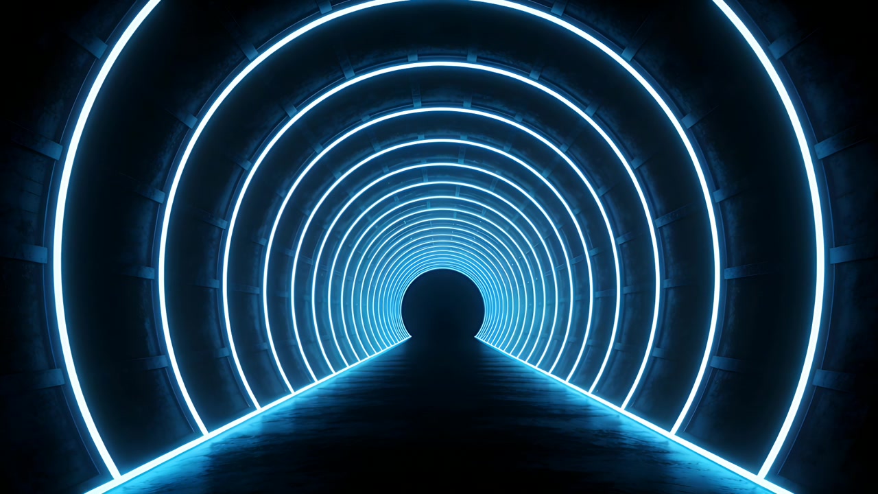 Holding camera on center, showing lit tunnel, neon rings, floor edges, dark opening adding depth