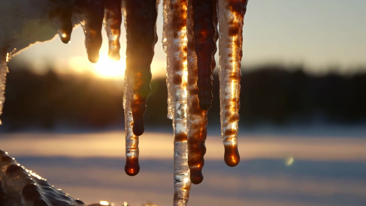 Cena de inverno vertical mostrando pingentes de gelo agrupados suspensos de uma saliência nevada, com pontas de gotas arredondadas capturando a luz solar baixa e quente, derretimento lento, detalhe de gelo transparente, bokeh suave e um clima exterior sereno.