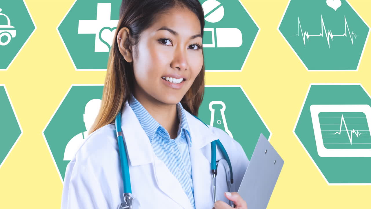 의학 아이콘 위에 움직이는 여성 의사의 애니메이션