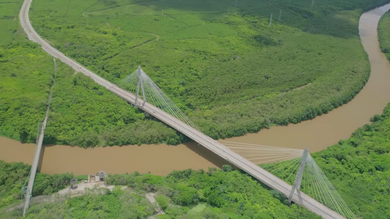 Aerial circling of Mauricio Baez bridge in Dominican Republic