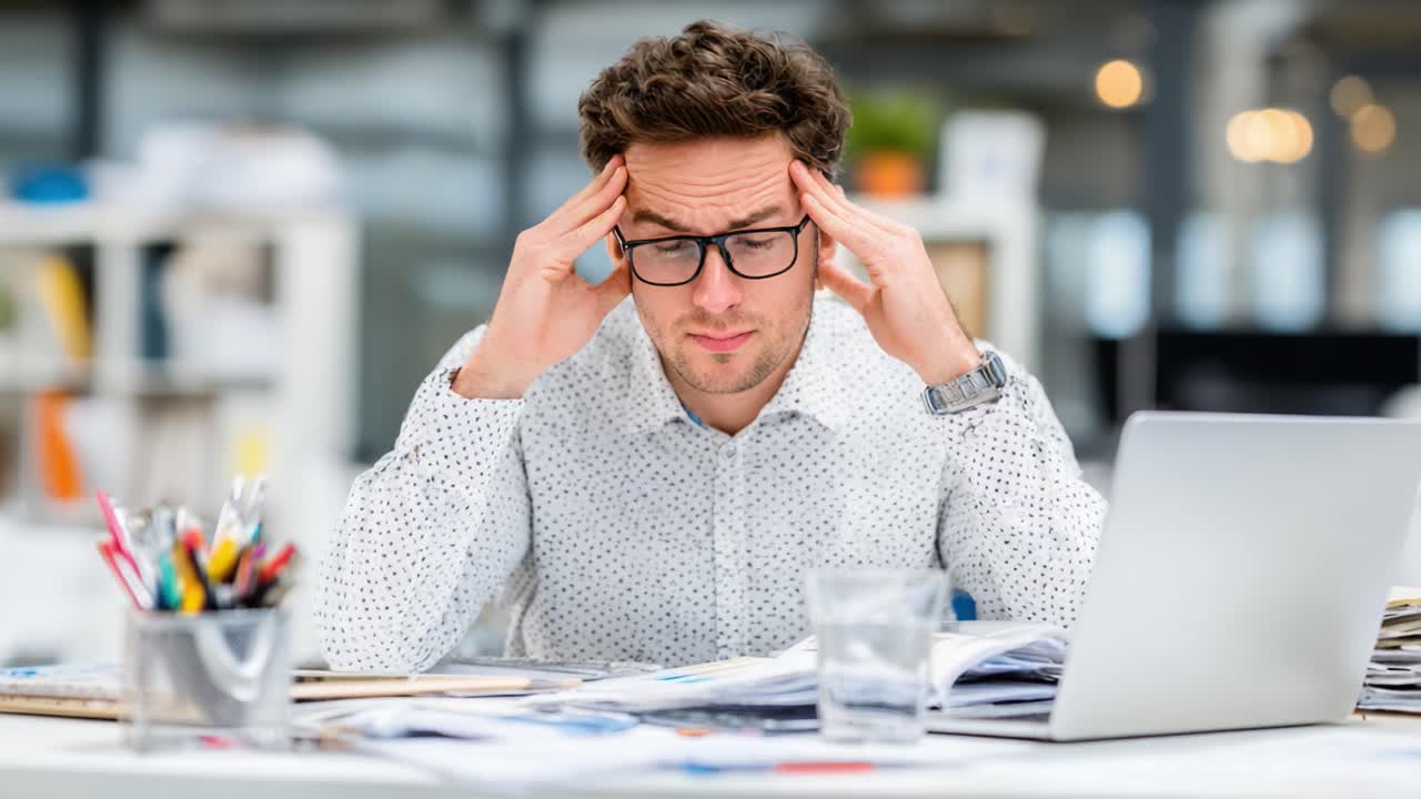 A Frustrated Man Struggles to Focus While Working at His Cluttered Desk Surrounded by Papers and a Laptop, Expressing Clear Signs of Stress and Overwhelm