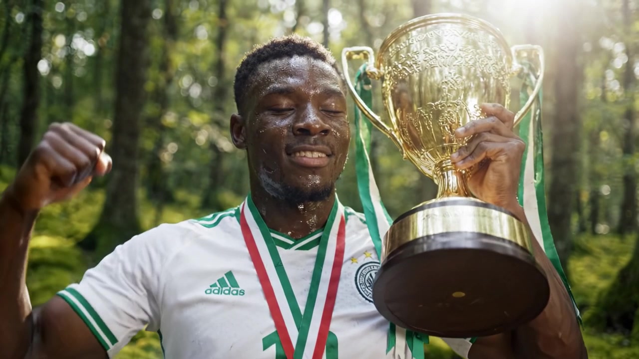 Triumphant Athlete Celebrating Victory in Lush Forest With Trophy and Medals, Signifying Sports Achievement and Joy in Nature's Serenity