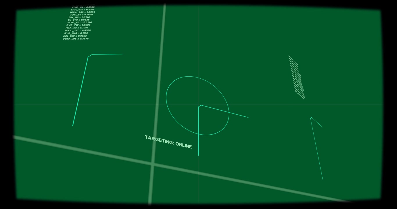Central reticle initiating targeting, HUD markers rotating, sliding, scanning on transparent field
