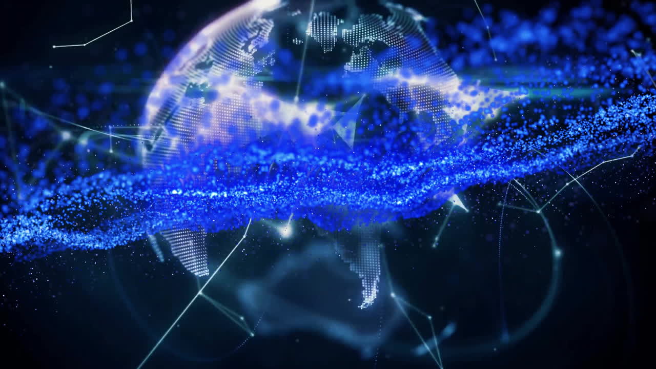 Digital globe floating in dark space, showing streaming data band, linking glowing network nodes