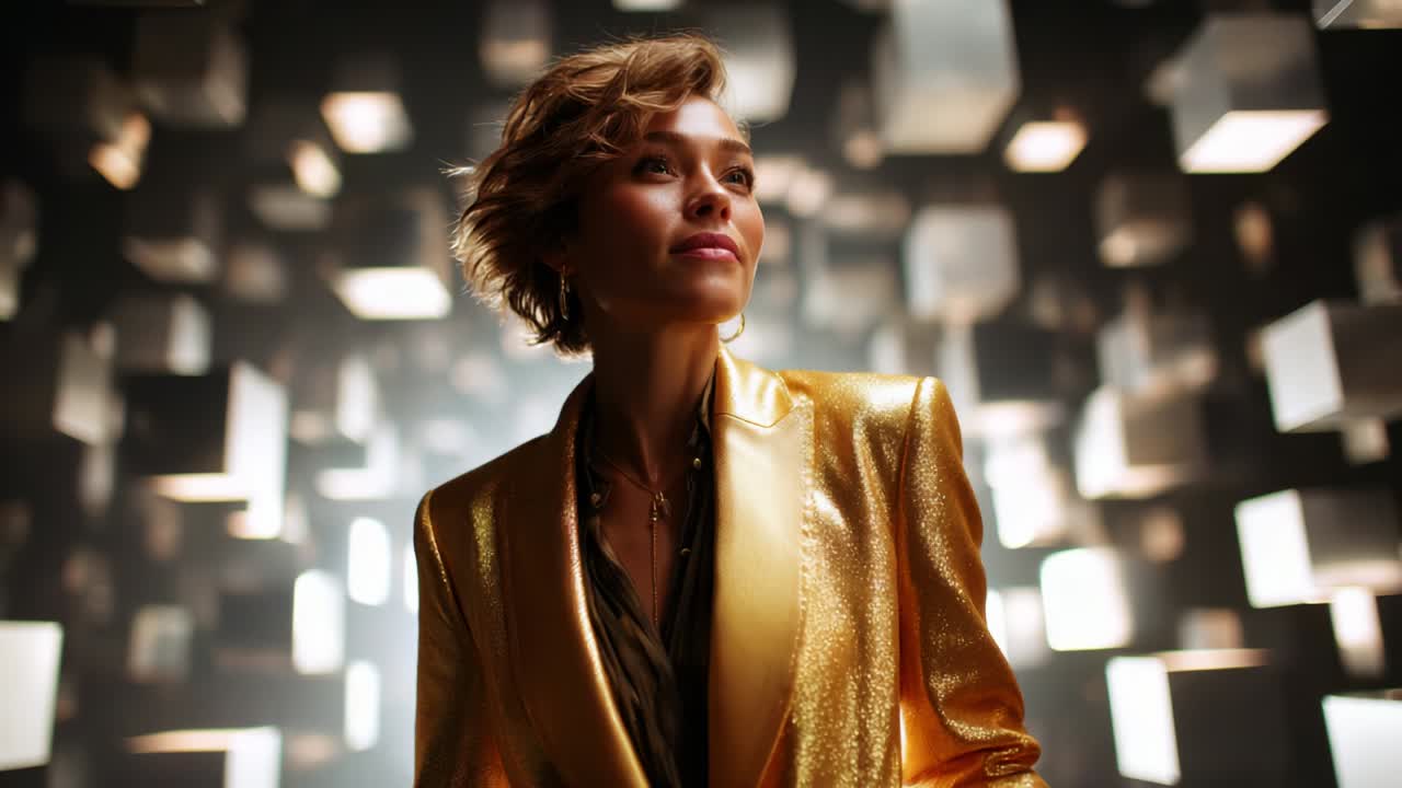 A confident individual adorned in an elegant gold blazer stands amidst a captivating backdrop of luminous abstract shapes, radiating an aura of style and self-assuredness against a mesmerizing environment