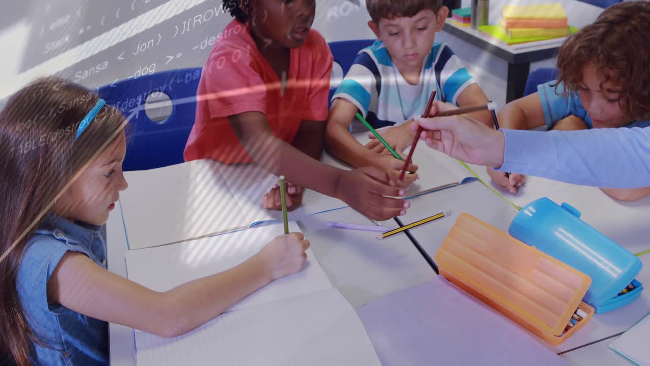 Teacher offering pencil and guiding students sketching on paper at hex tables in classroom for art
