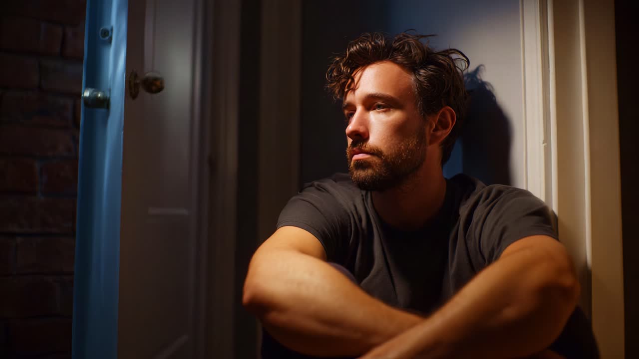 Un momento de contemplación capturado con una luz cálida, en el que se muestra a un hombre sentado solo contra una pared, reflexionando sobre la vida y evocando una sensación de introspección.