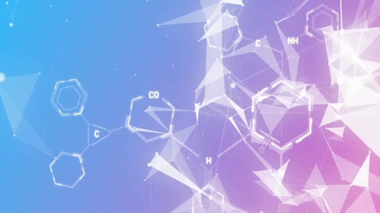 Animazione di elaborazione di dati chimici su sfondo blu.