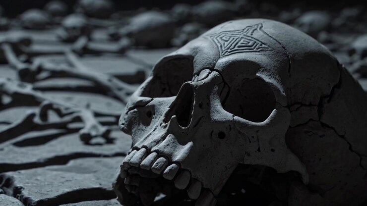 Teschi e ossa umane sparsi su un oscuro pavimento in pietra di un sotterraneo