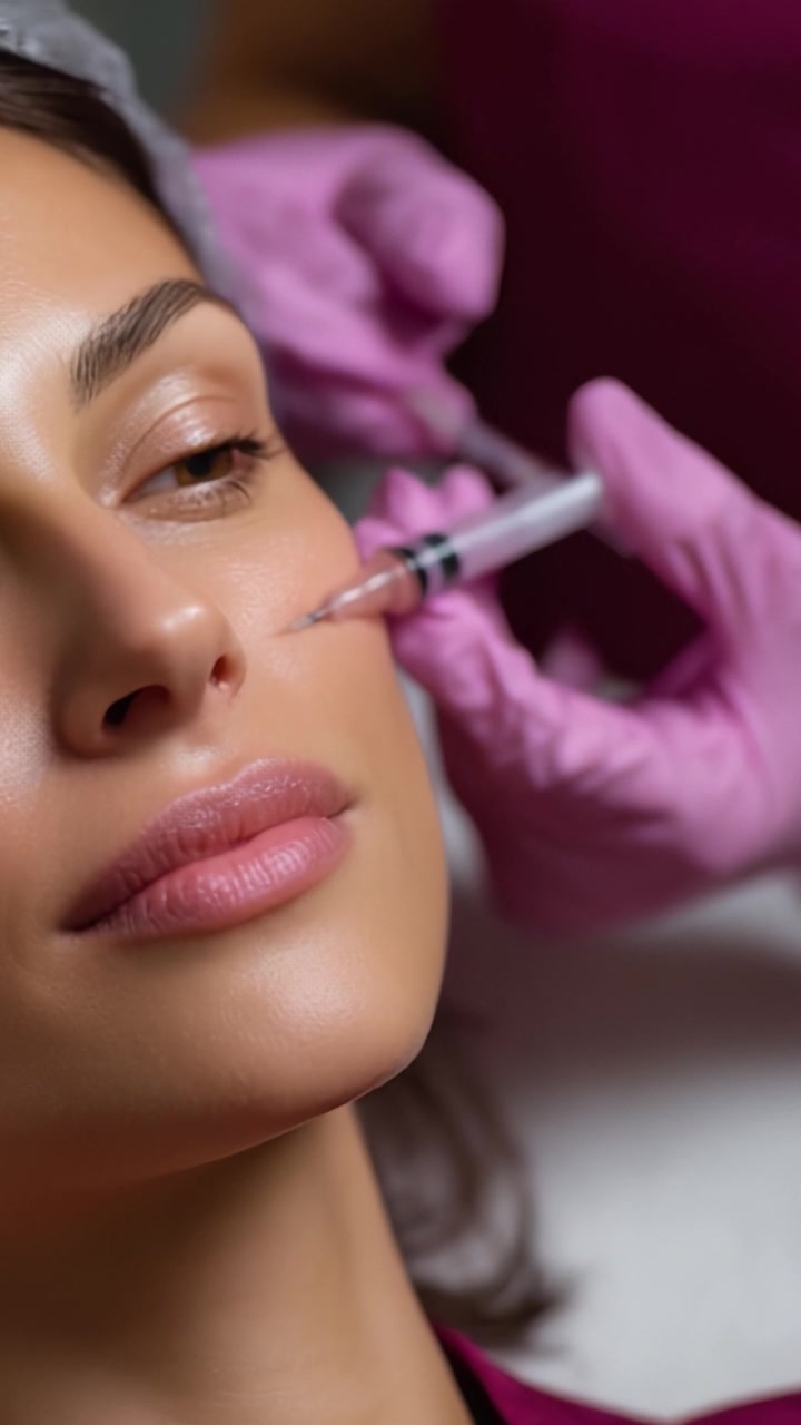 Procedura estetica: Primo piano di una paziente calma che riceve un'iniezione cosmetica da un professionista in una clinica estetica, focalizzata sul miglioramento e la cura della pelle