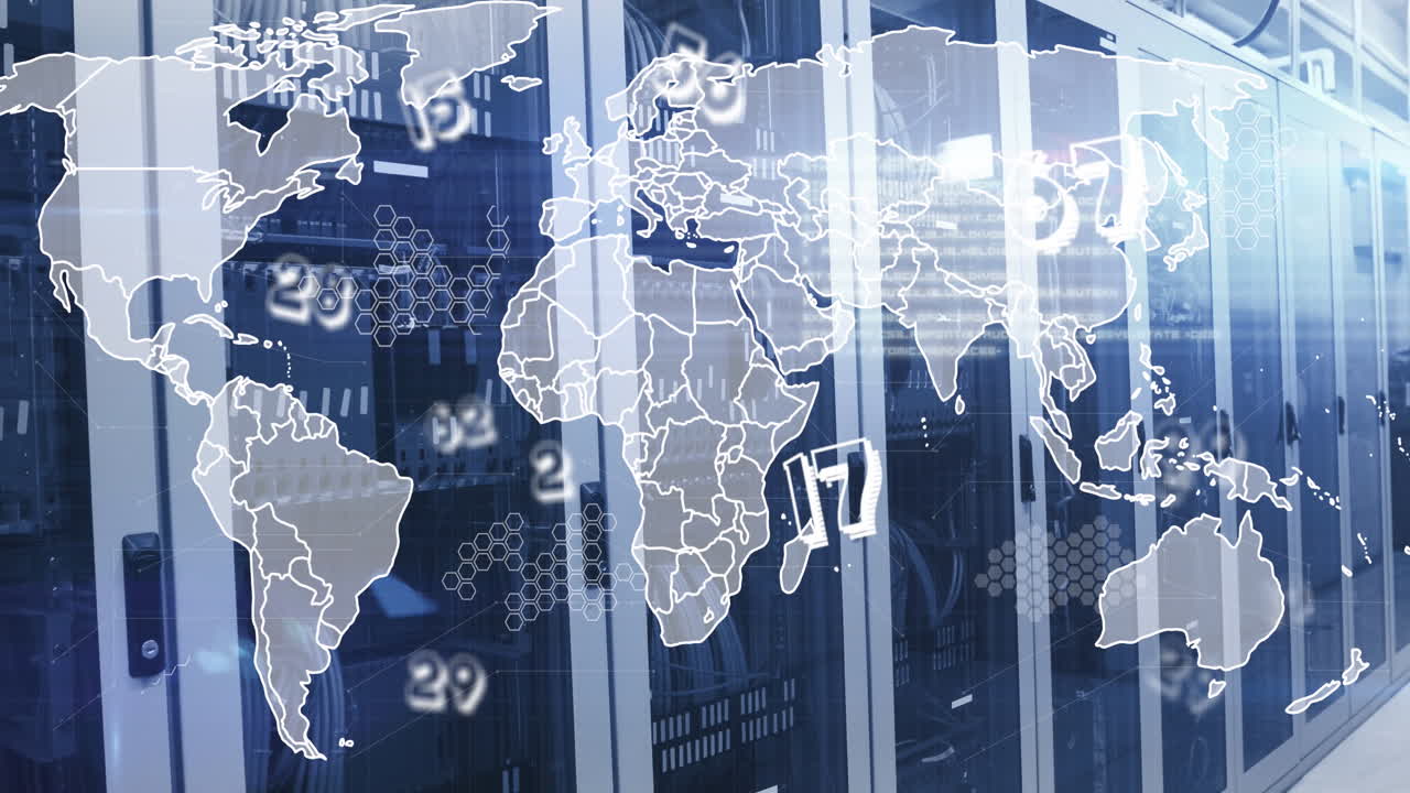 세계 지도의 애니메이션과 컴퓨터 서버를 통한 데이터 처리