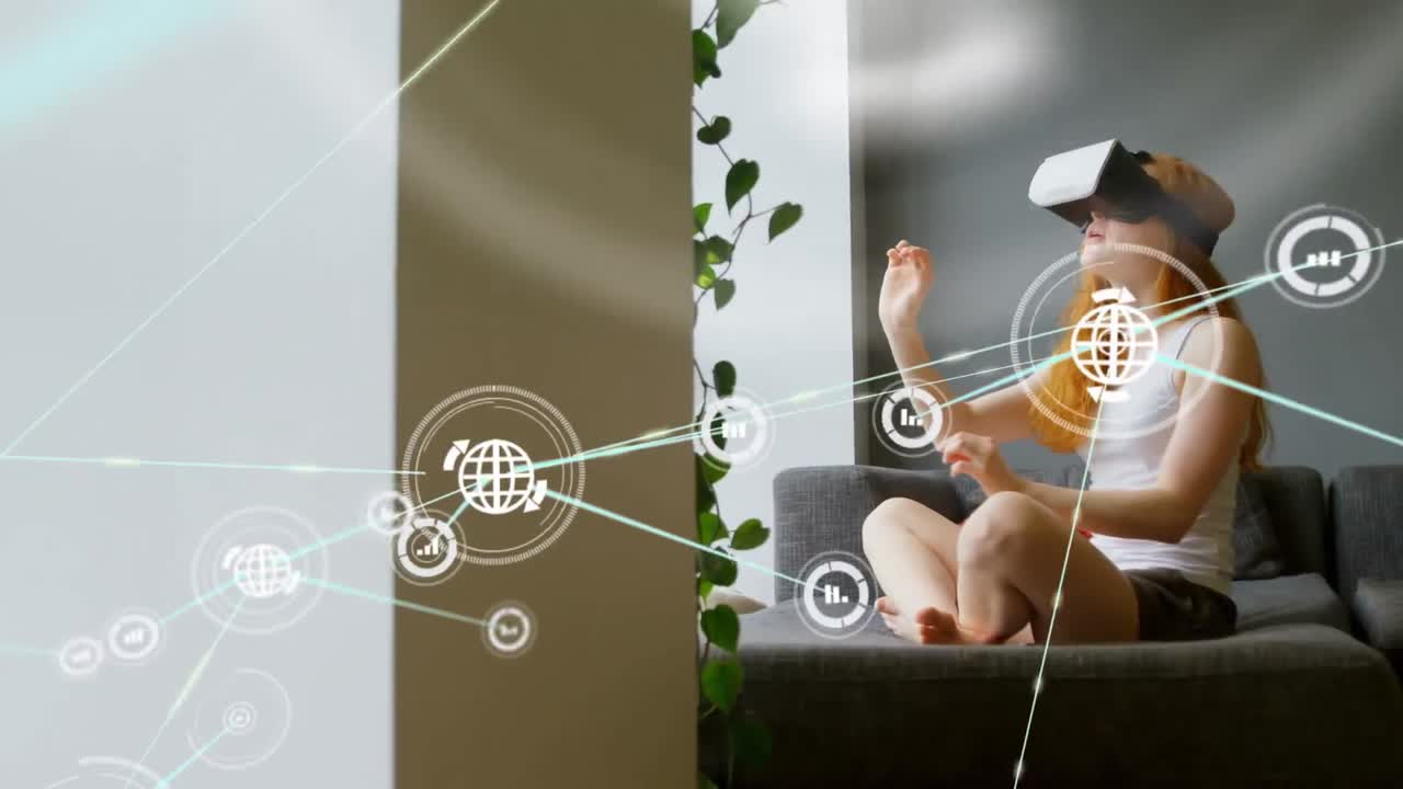 анимация сети соединений с иконами над женщиной, носящей vr-гарнитуру