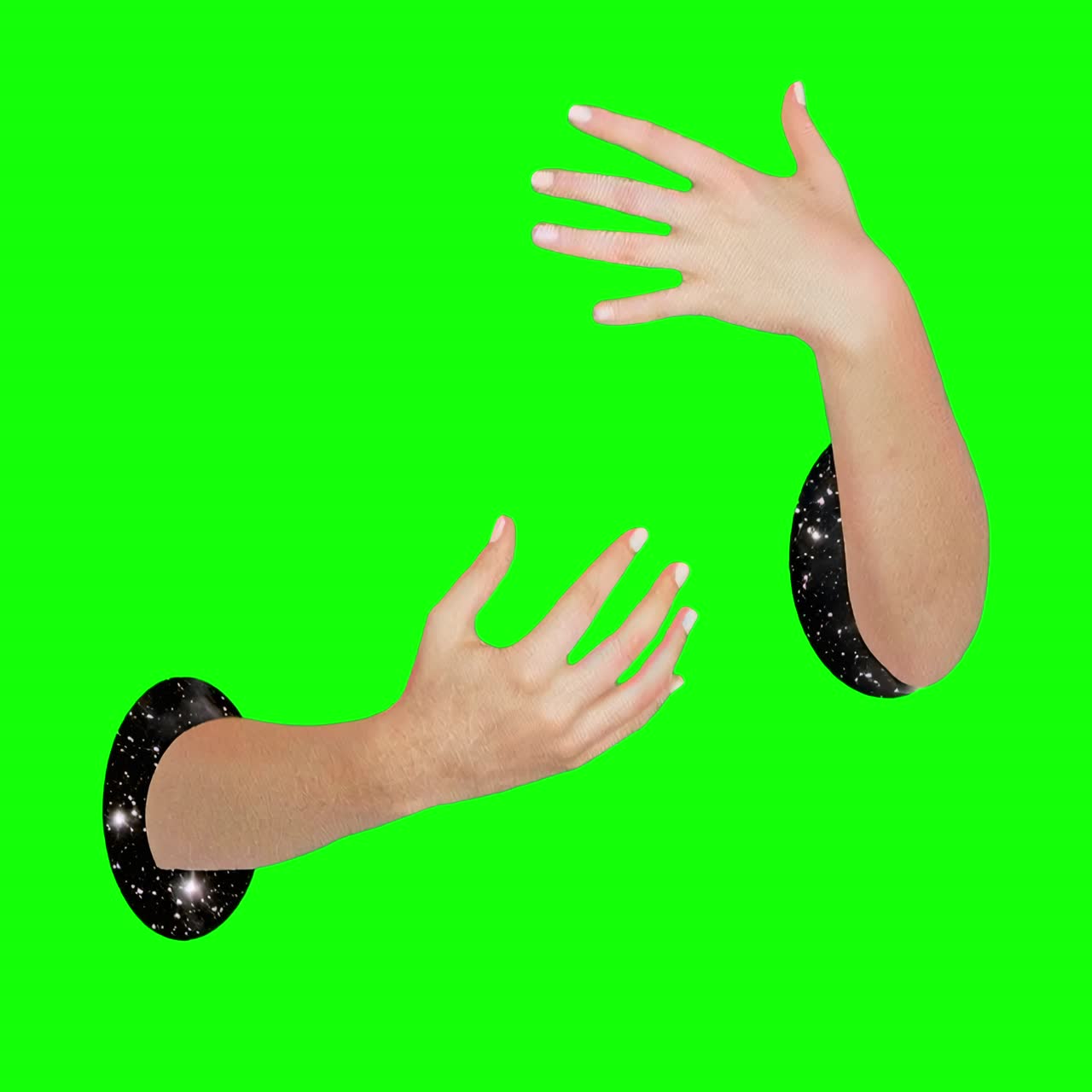 Surreal cosmic hands connection animation, transparent 4K video, green screen