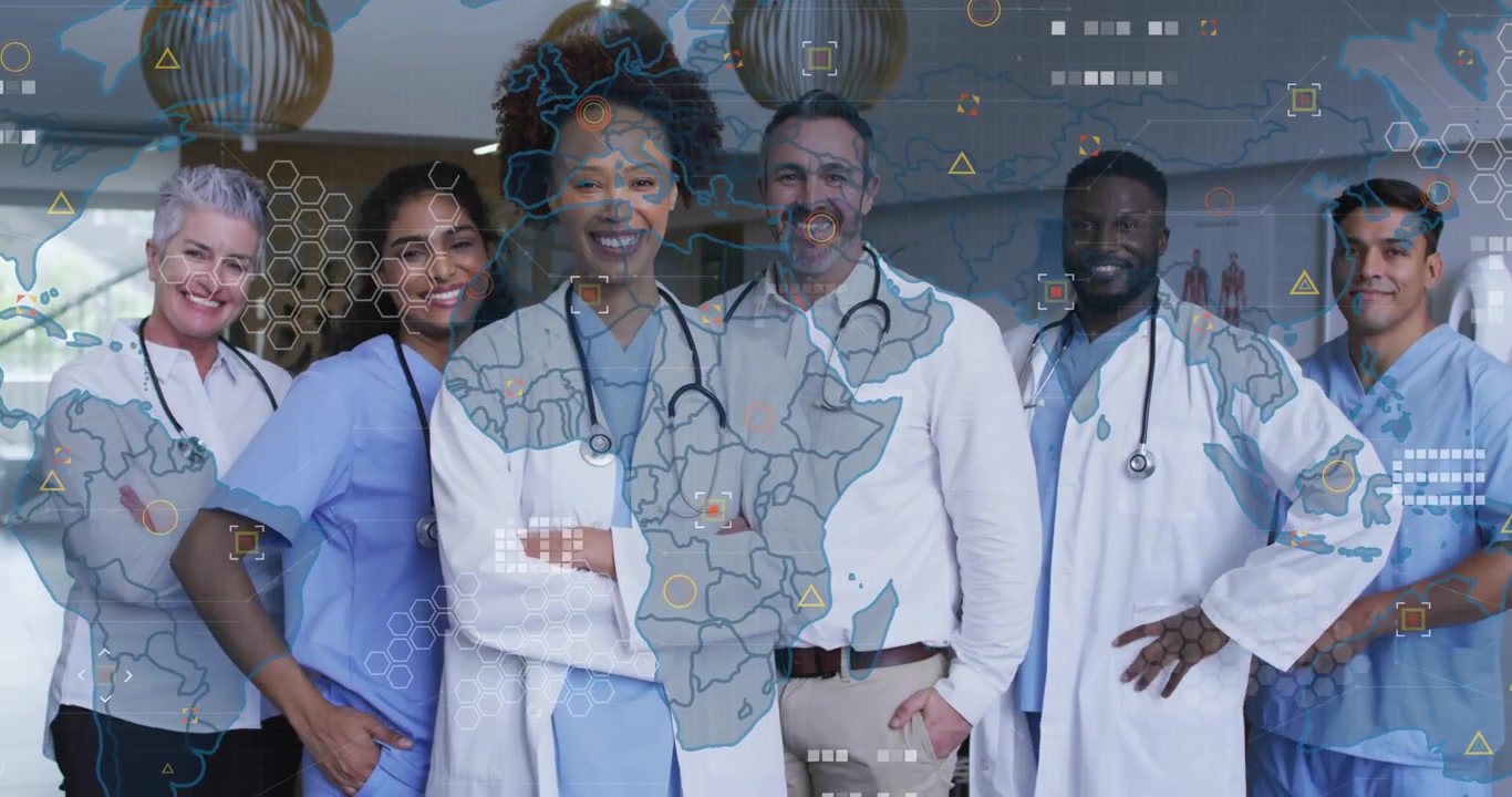 Medical team standing in clinic area, fading world map overlay illustrating global health network