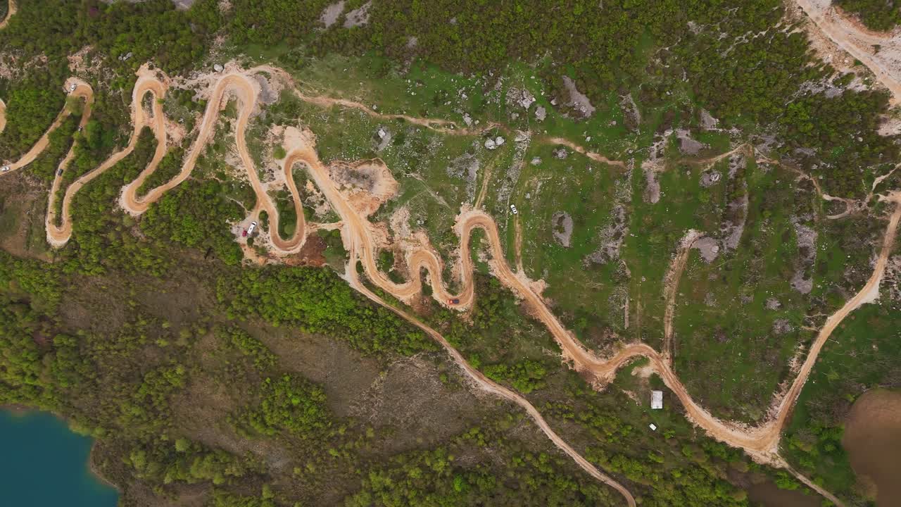 Aerial view of winding roads near Bovila Lake in Tirana, Albania