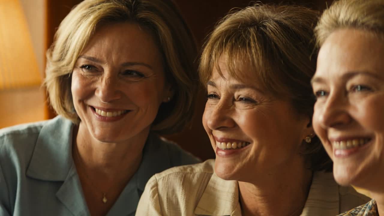 Três mulheres sorridentes, vestindo camisas de colarinho, viram-se para uma deixa de fora do enquadramento em uma sala de estar com uma lâmpada.