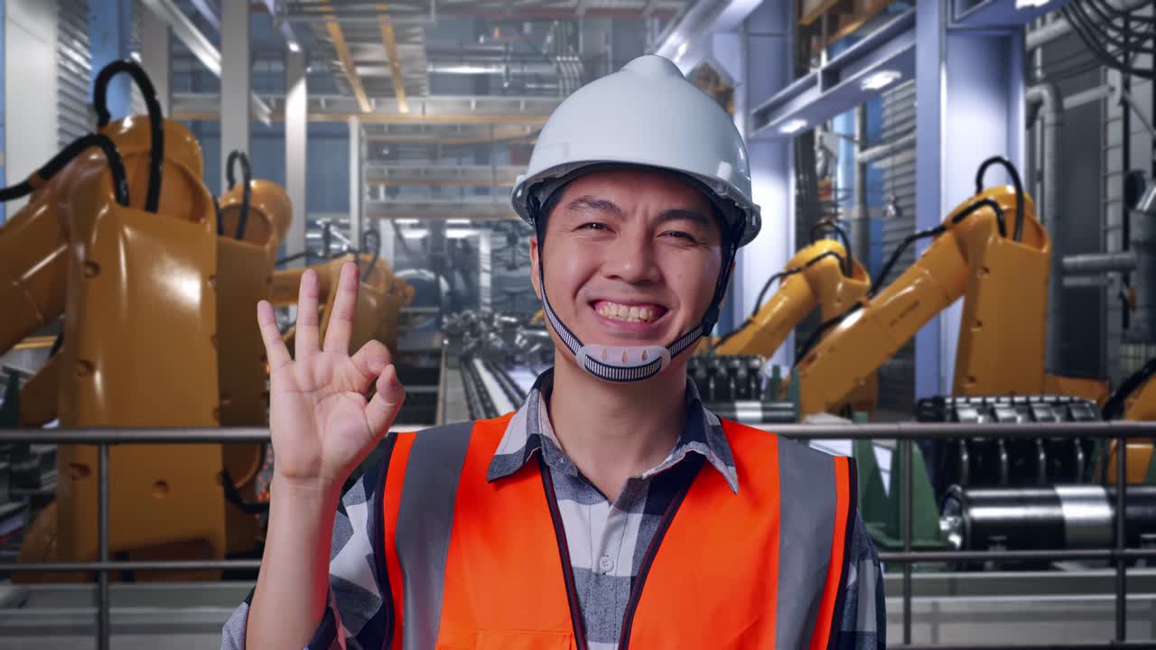 Close Up Of Asian Male Engineer With Safety Helmet Smiling And Showing Okay Gesture To The Camera While Standing With Industrial Robotic Arms Working