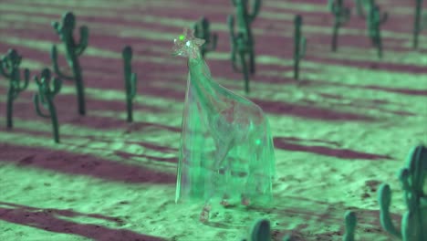 giraffe in a transparent cloak in a desert of cactus plants