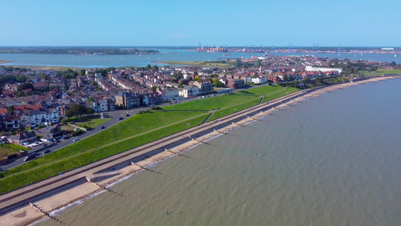 Essex harwich aerial cityscape with ocean sandy beach and traffic on the main road
