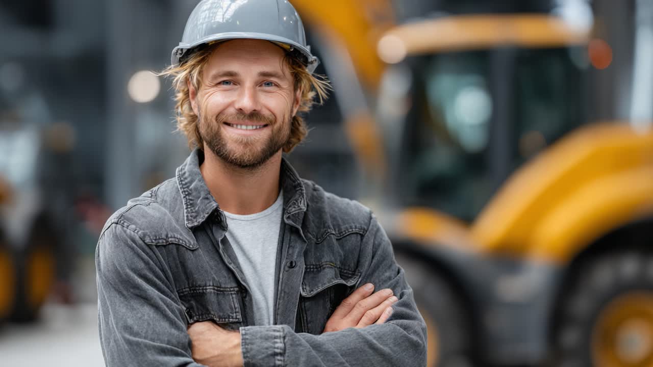 Confident Construction Worker in Safety Gear Smiling at the Camera in an Industrial Environment, Showcasing Dedication and Professionalism