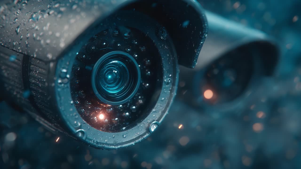 Close-up Visuals of Surveillance Cameras Capturing Raindrops, Highlighting Their Lenses and Surrounding Environment with Enhanced Detail and Clarity