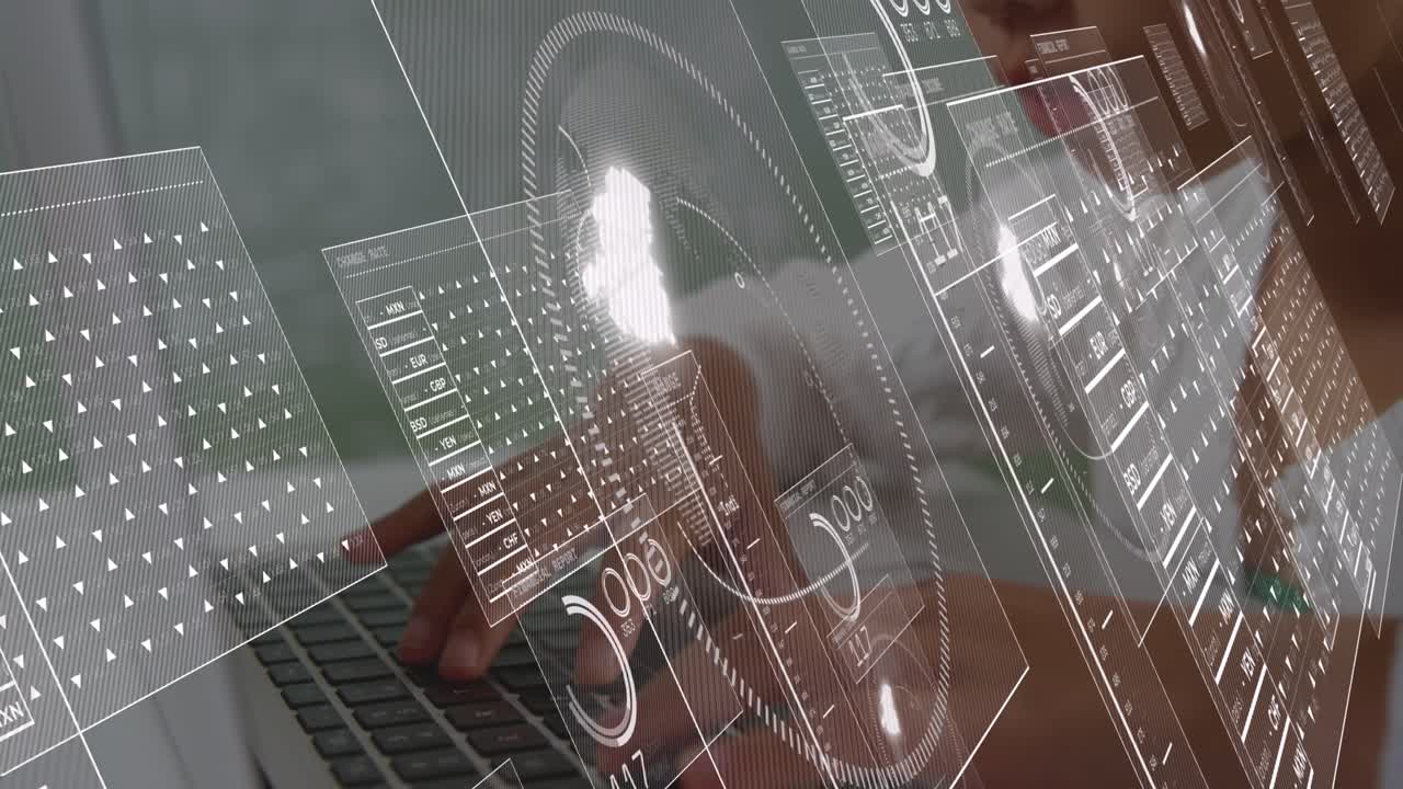 Animation of data processing over asian schoolgirl using laptop