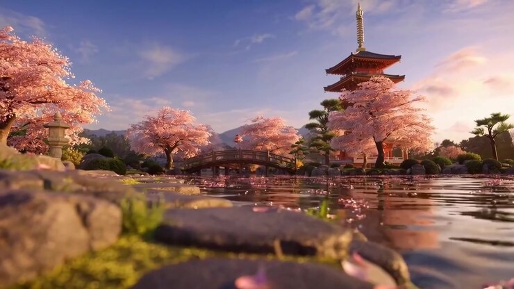 Giardino giapponese tradizionale con pagoda, fiori di ciliegio e laghetto koi all'alba