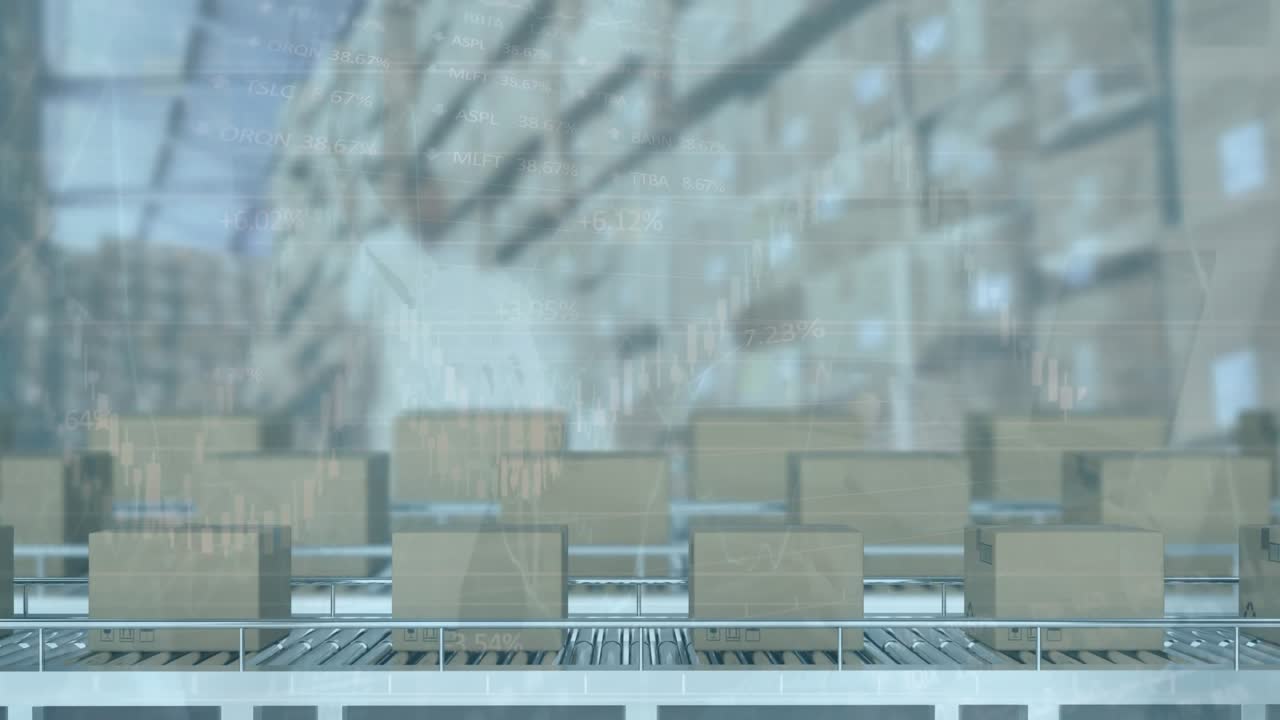 Animazione dell'elaborazione di dati finanziari su scatole di cartone su nastri trasportatori