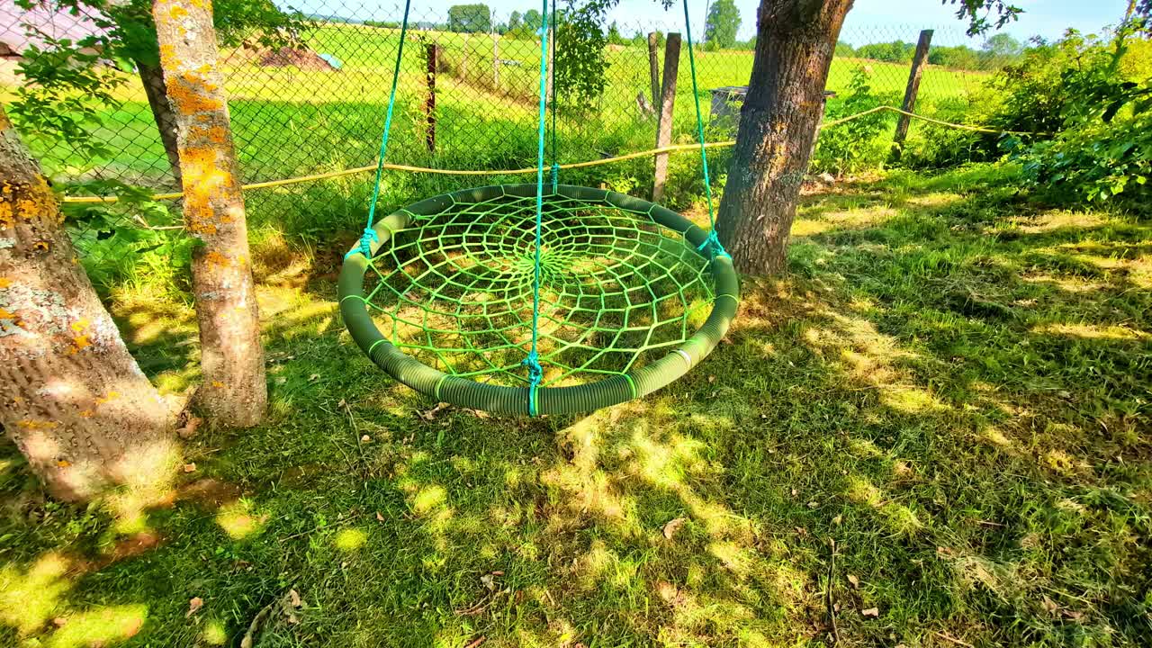 Green Circular Rope Swing Hanging Between Trees in Backyard on Sunny Day