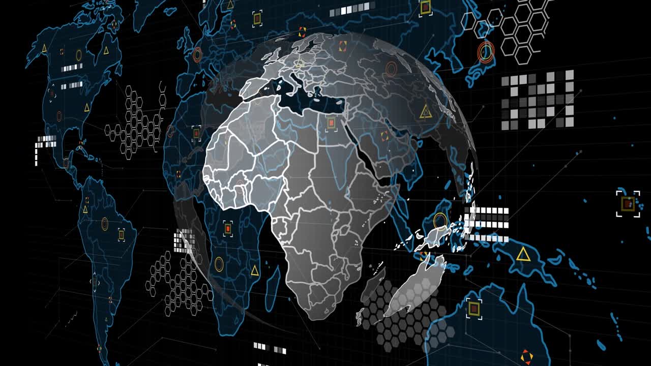 Animation of data processing with world map and globe on black background