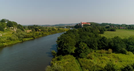 aerial beautiful view landscape of city and river and church on a small hill