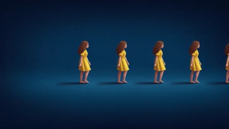 a whimsical animation of a girl in a yellow dress progressing through different stages of walking against a deep blue background