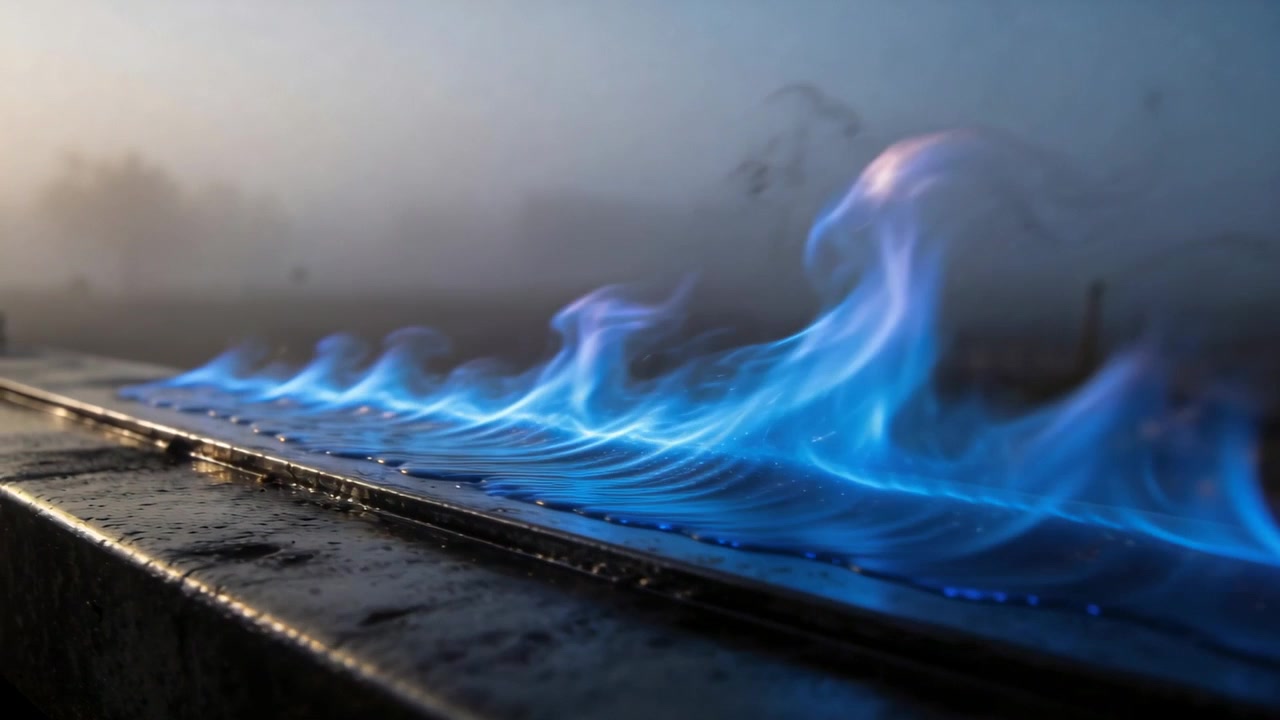 Fiamme blu tremolanti che si propagano lungo una barra bruciatore in metallo perforato al crepuscolo, alimentate dal flusso di gas.