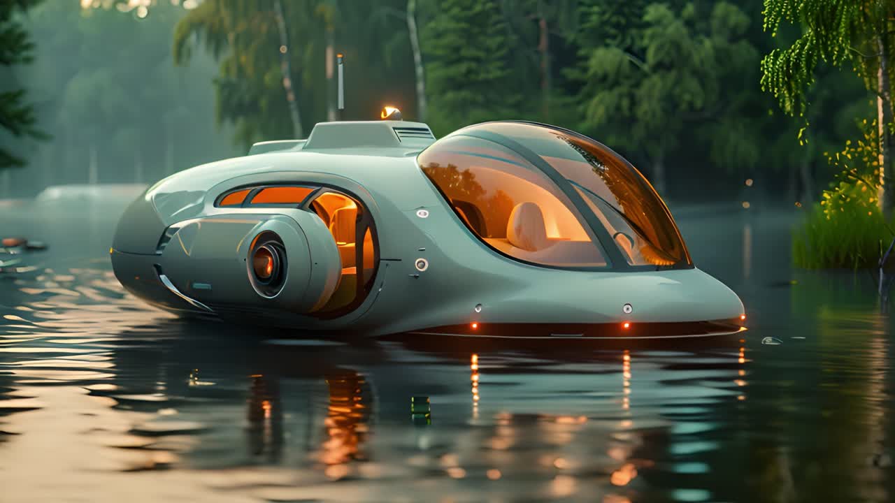 Futuristic Watercraft in a Serene Forest Lake