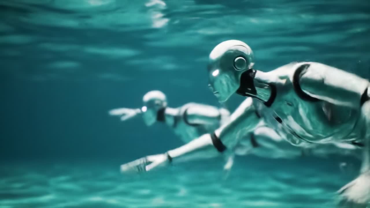 Exploring the Depths: Futuristic Swim of Advanced Robots Underwater in a Mystical Environment with Luminous Aqua Tones
