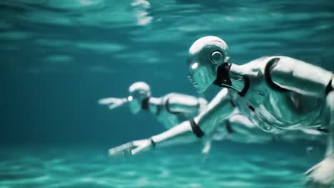 exploring the depths: futuristic swim of advanced robots underwater in a mystical environment with luminous aqua tones