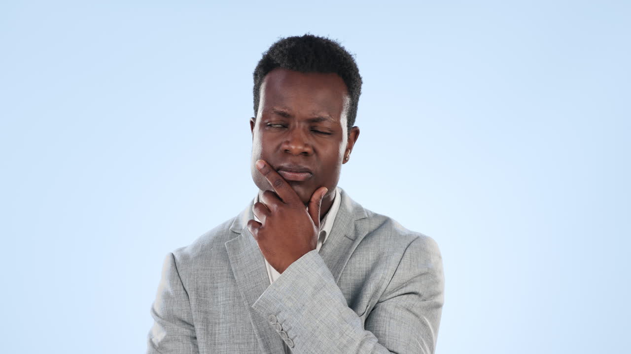 Thinking, solution and black man in studio