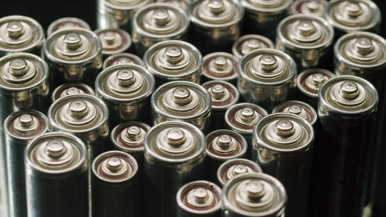 Silver batteries AA and AAA on black background close-up. Double-A battery is a standard size single cell cylindrical dry battery. Batteries are common in portable electronic devices. An AA battery is composed of a single electrochemical cell that may be either a primary battery or a rechargeable ba