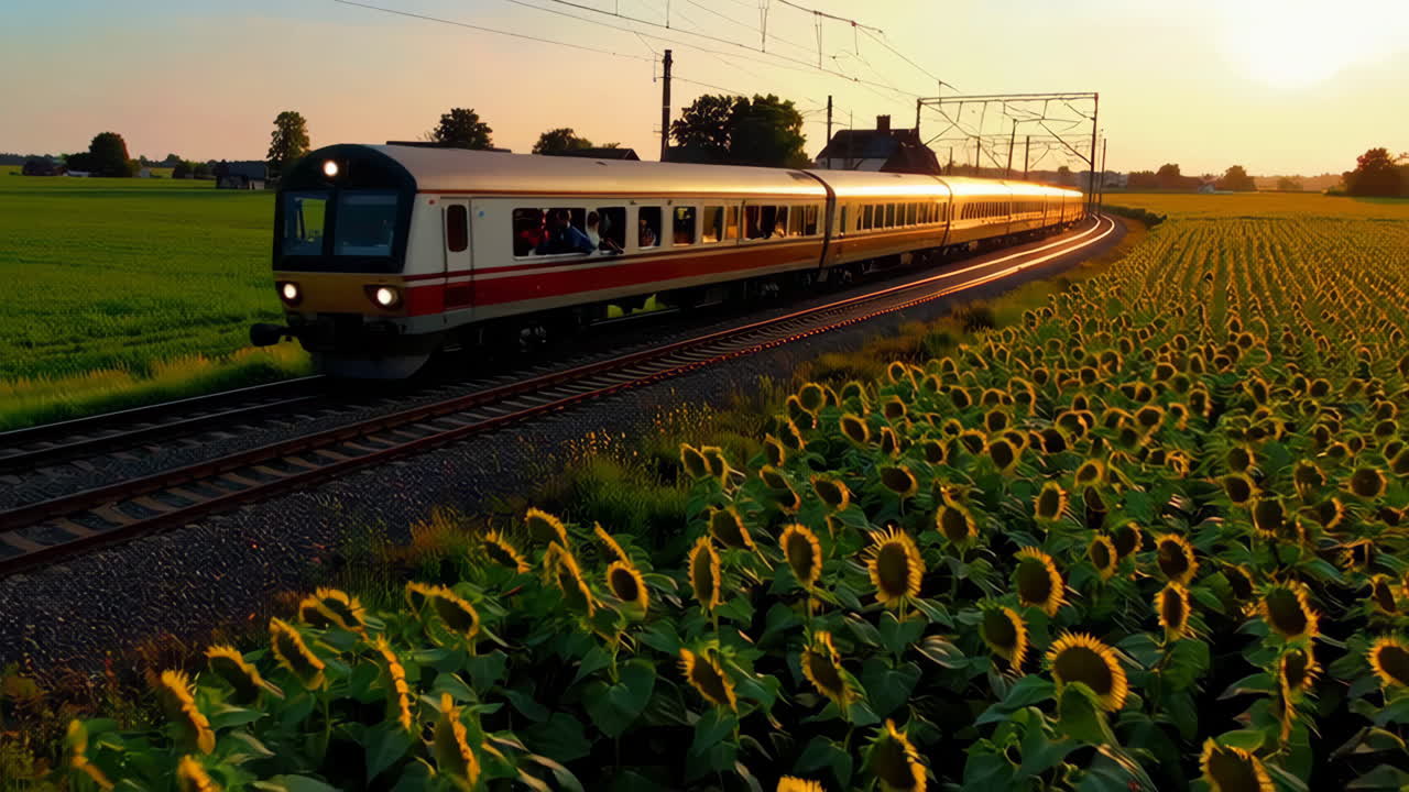 Train Traveling Through a Golden Sunflower Field at Sunset