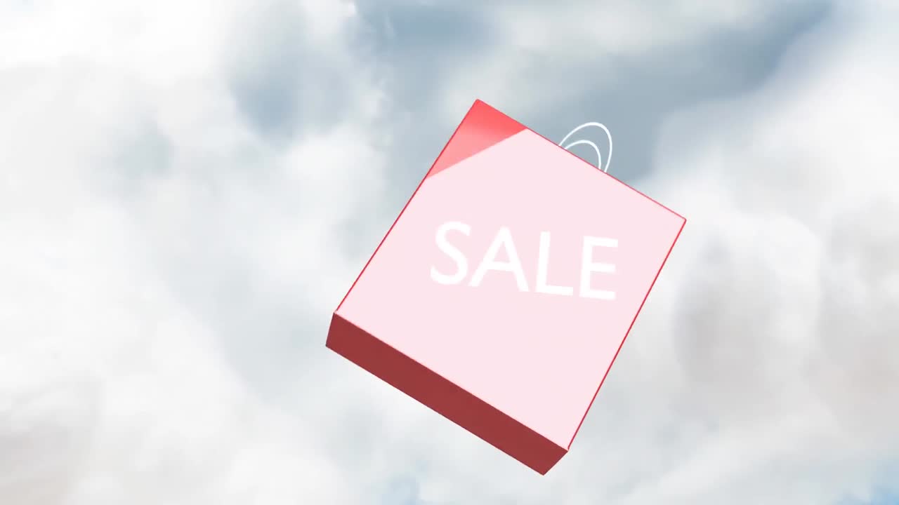 파란 하늘의 구름을 떠다니는 빨간 쇼핑백 아이콘에 판매 텍스트