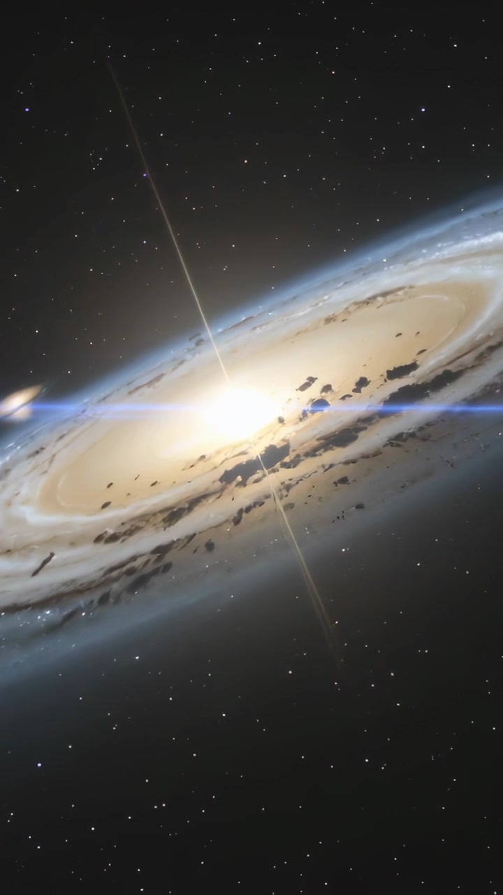 Video verticale: Telecamera che si inclina rivelando anelli di rigonfiamento di una galassia rotante nello spazio profondo, creando un sorvolo.