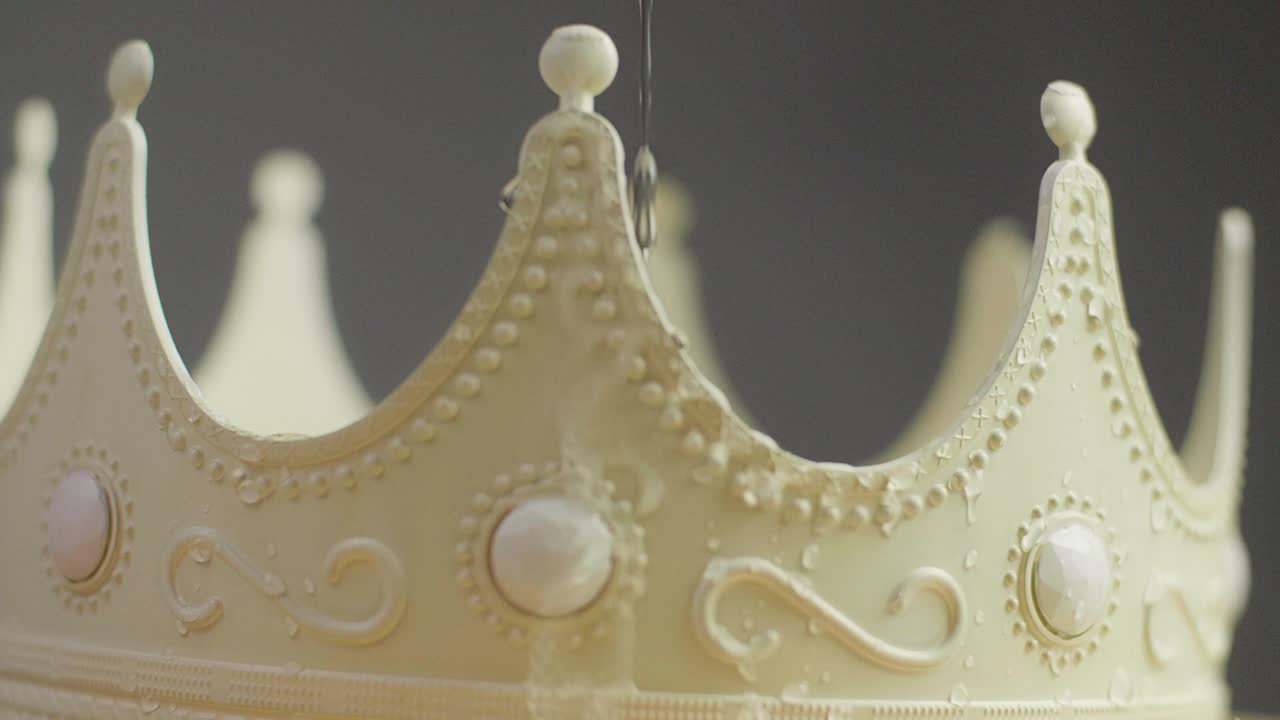 Close up of a beige crown with ornaments and white pearl jewels with peaks jagged out of plastic with water drops dripping on it. Smooth sliding camera movement. Shot in 4K.